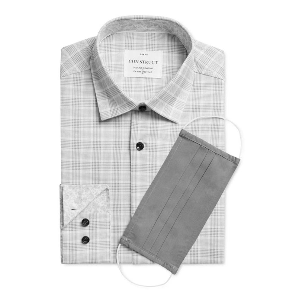 CON.STRUCT Mens Gray Plaid Spread Collar Slim Fit Moisture Wicking Dress Shirt M